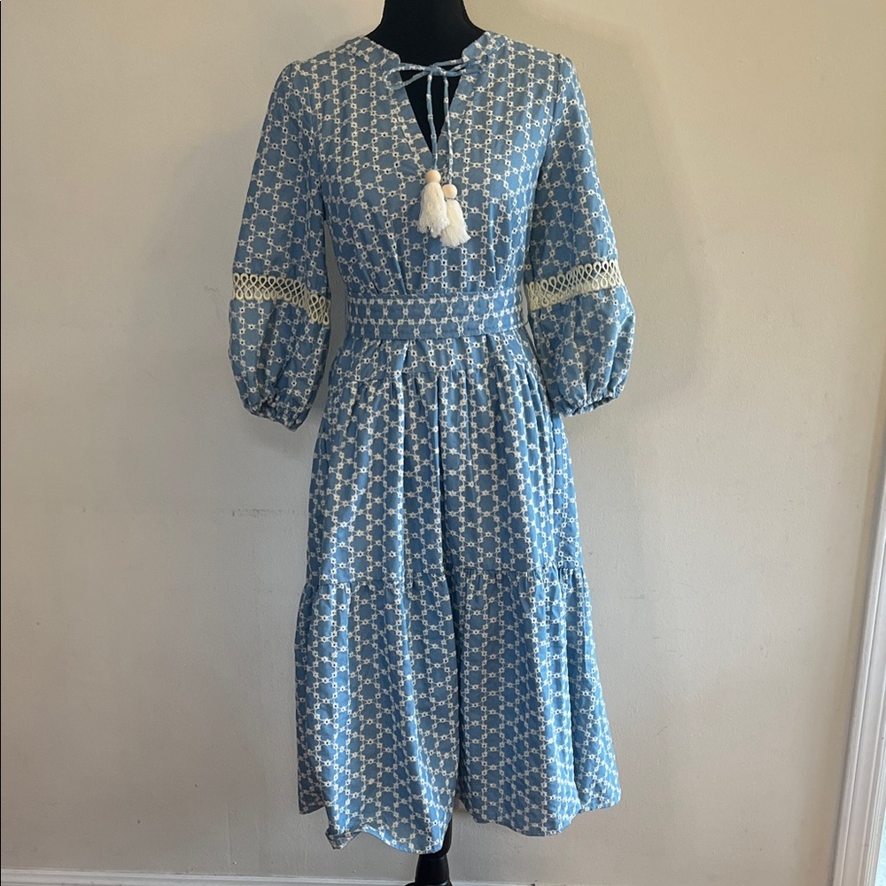 O.P.T for Anthropologie Elegant Blue Patterned Midi Dress with Tassel Details